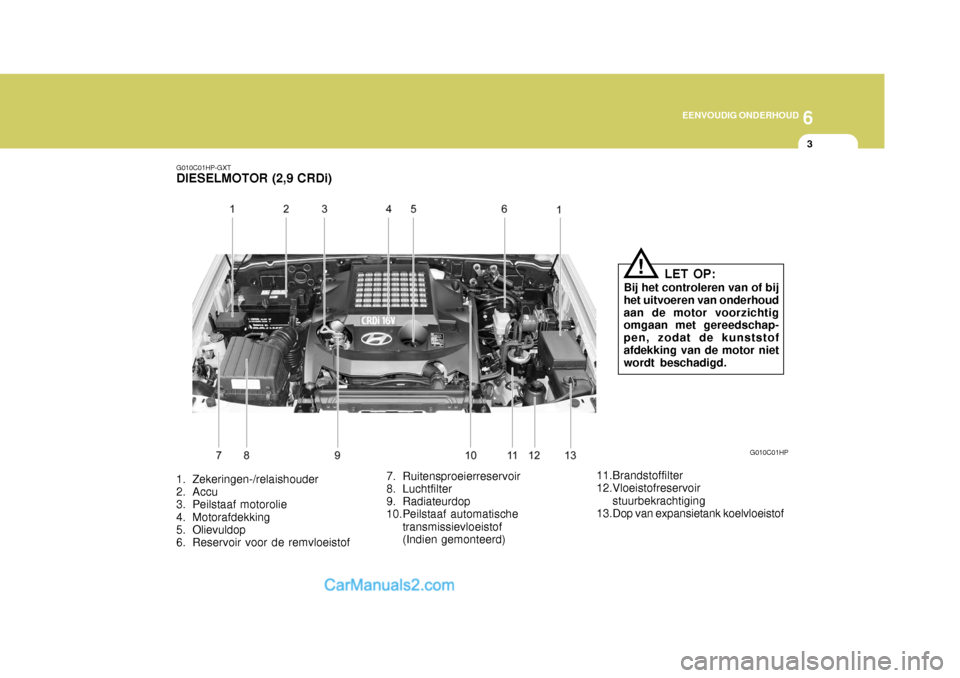 Hyundai Terracan 2005  Handleiding (in Dutch) 6
EENVOUDIG ONDERHOUD
3
G010C01HP-GXT
DIESELMOTOR (2,9 CRDi) 
1. Zekeringen-/relaishouder 
2. Accu 
3. Peilstaaf motorolie 
4. Motorafdekking 
5. Olievuldop 
6. Reservoir voor de remvloeistof 7. Ruite