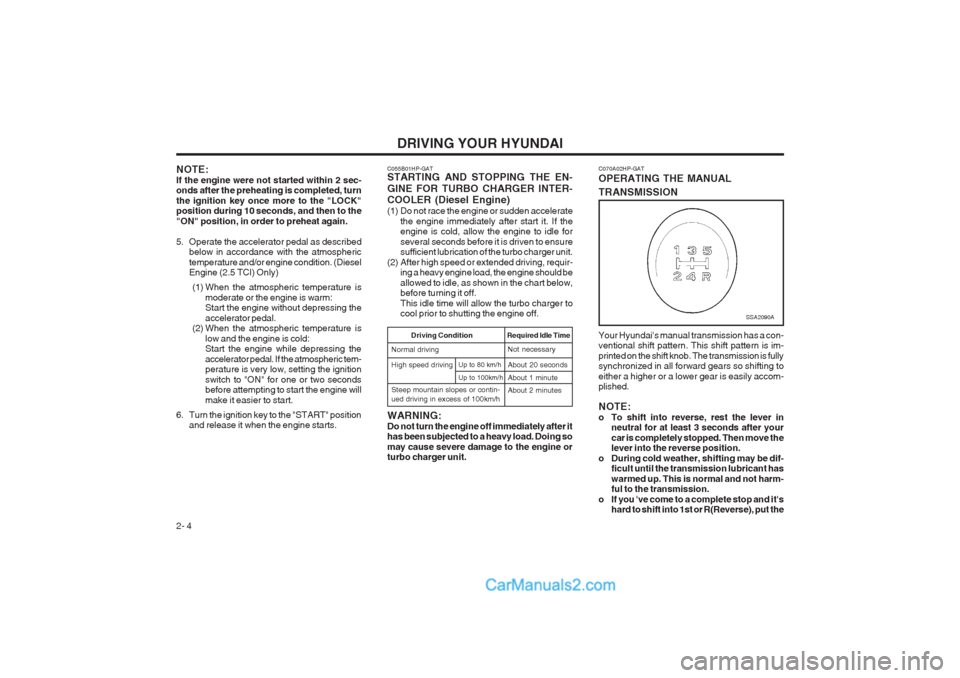 Hyundai Terracan 2004 Owners Manual DRIVING YOUR HYUNDAI
2- 4 C070A02HP-GAT OPERATING THE MANUAL TRANSMISSION Your Hyundais manual transmission has a con- ventional shift pattern. This shift pattern is im- printed on the shift knob. Th Hyundai Terracan 2004 Owners Manual DRIVING YOUR HYUNDAI
2- 4 C070A02HP-GAT OPERATING THE MANUAL TRANSMISSION Your Hyundais manual transmission has a con- ventional shift pattern. This shift pattern is im- printed on the shift knob. Th