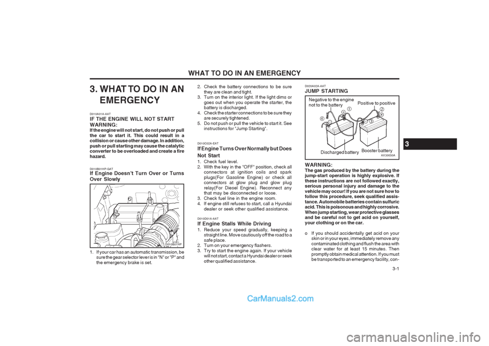 Hyundai Terracan 2004 Service Manual WHAT TO DO IN AN EMERGENCY  3-1
3. WHAT TO DO IN ANEMERGENCY
D010A01A-AAT IF THE ENGINE WILL NOT START WARNING: If the engine will not start, do not push or pull the car to start it. This could result