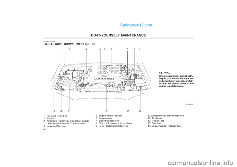Hyundai Terracan 2004  Owners Manual DO-IT-YOURSELF MAINTENANCE
6-2
G010B01HP-GAT DIESEL ENGINE COMPARTMENT (2.5 TCI) G010B02HP
1. Fuse and Relay box 
2. Battery 
3. Automatic Transmission fluid level dipstick (Vehicle with Automatic Tra