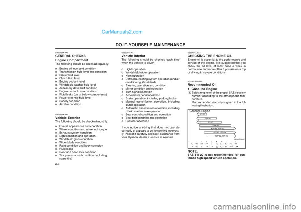 Hyundai Terracan 2004  Owners Manual DO-IT-YOURSELF MAINTENANCE
6-4
G020A01A-AAT GENERAL CHECKS Engine Compartment The following should be checked regularly: 
o Engine oil level and condition 
o Transmission fluid level and condition 
o 