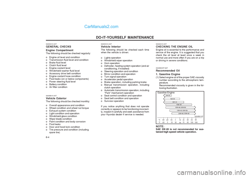 Hyundai Terracan 2004 Owners Manual DO-IT-YOURSELF MAINTENANCE
6-4
G020A01A-AAT GENERAL CHECKS Engine Compartment The following should be checked regularly:
o Engine oil level and condition
o Transmission fluid level and condition
o Hyundai Terracan 2004 Owners Manual DO-IT-YOURSELF MAINTENANCE
6-4
G020A01A-AAT GENERAL CHECKS Engine Compartment The following should be checked regularly:
o Engine oil level and condition
o Transmission fluid level and condition
o