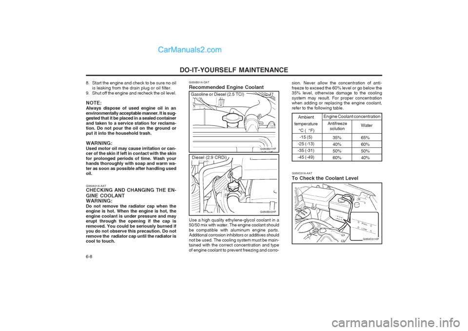 Hyundai Terracan 2004 Owners Manual DO-IT-YOURSELF MAINTENANCE
6-8
G050B01A-DAT Recommended Engine Coolant
35% 65%
40% 60%
50% 50%
60% 40%
Ambient
temperature °C ( °F)-15 (5)
-25 (-13) -35 (-31)-45 (-49)
Antifreeze solution Water
E Hyundai Terracan 2004 Owners Manual DO-IT-YOURSELF MAINTENANCE
6-8
G050B01A-DAT Recommended Engine Coolant
35% 65%
40% 60%
50% 50%
60% 40%
Ambient
temperature °C ( °F)-15 (5)
-25 (-13) -35 (-31)-45 (-49)
Antifreeze solution Water
E