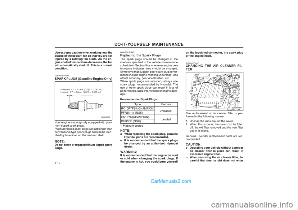 Hyundai Terracan 2004  Owners Manual DO-IT-YOURSELF MAINTENANCE
6-10
G070A03Y-AAT
CHANGING THE AIR CLEANER FIL- TER
G070A01HP
The replacement of air cleaner filter is per- formed in the following manner. 
1. Unsnap the clips around the c