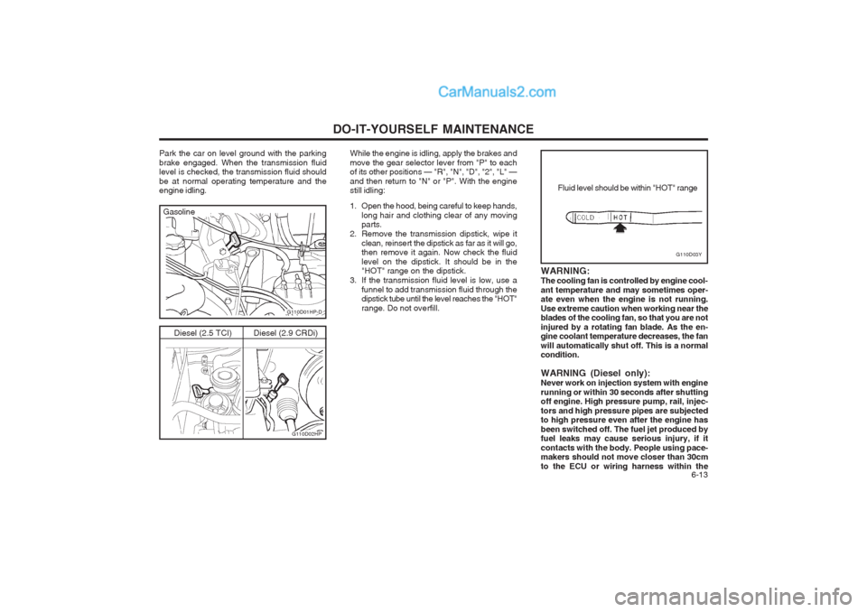 Hyundai Terracan 2004  Owners Manual DO-IT-YOURSELF MAINTENANCE  6-13
G110D03Y
Fluid level should be within "HOT" range
WARNING: The cooling fan is controlled by engine cool-ant temperature and may sometimes oper- ate even when the engin
