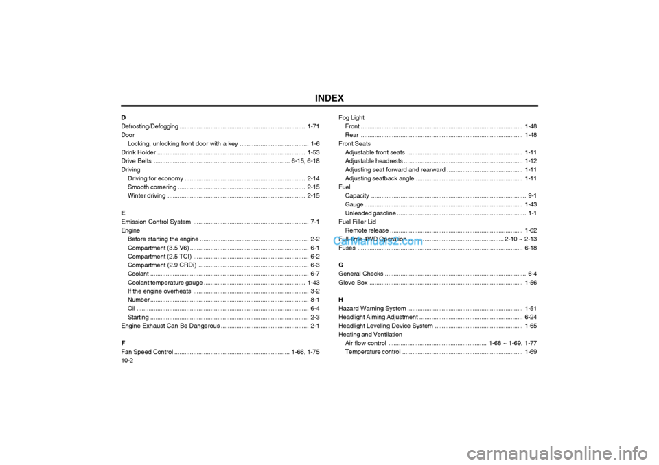 Hyundai Terracan 2004 Owners Manual INDEX
10-2 D Defrosting/Defogging
......................................................................... 1-71
Door Locking, unlocking front door with a key ........................................ Hyundai Terracan 2004 Owners Manual INDEX
10-2 D Defrosting/Defogging
......................................................................... 1-71
Door Locking, unlocking front door with a key ........................................