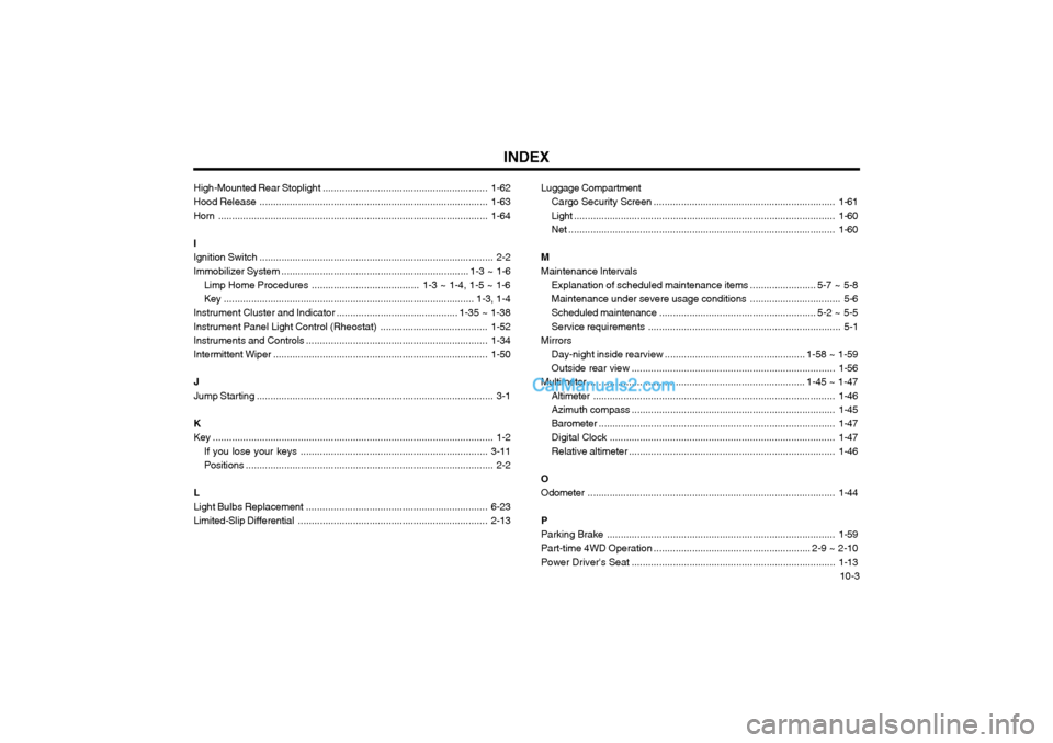 Hyundai Terracan 2004  Owners Manual INDEX  10-3
High-Mounted Rear Stoplight ............................................................
1-62
Hood Release .................................................................................