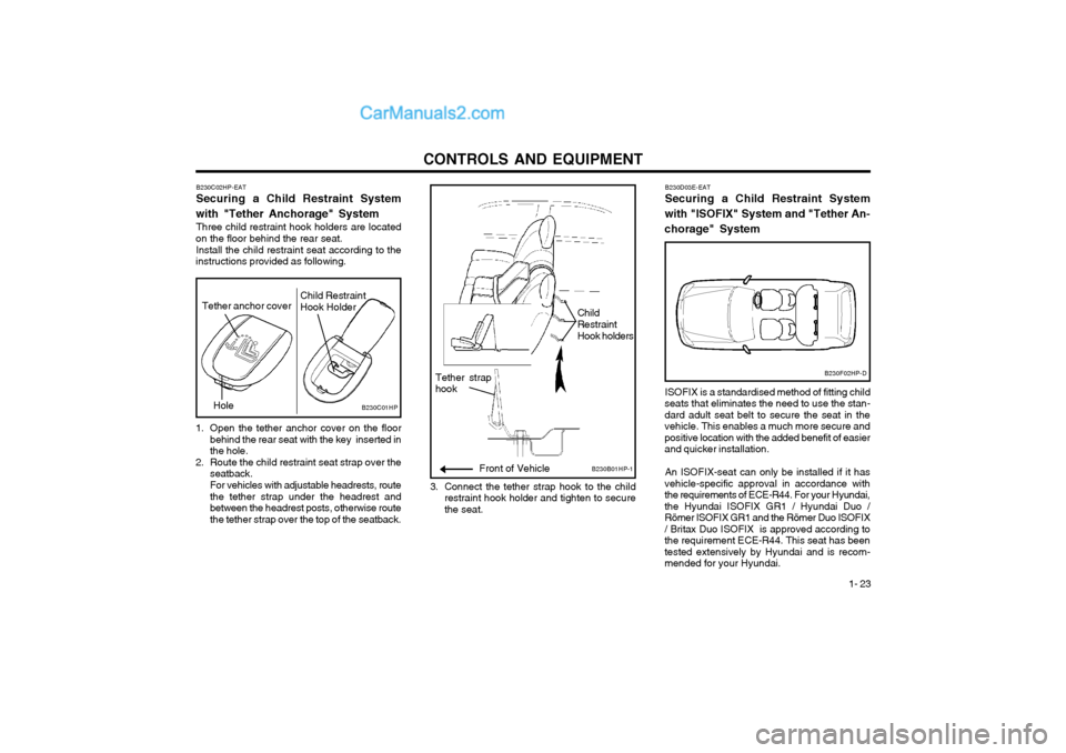 Hyundai Terracan 2004 Owners Manual CONTROLS AND EQUIPMENT1- 23
B230C01HPChild RestraintHook holders
Front of Vehicle
Tether strap hook
Child Restraint Hook Holder
Hole
B230B01HP-1
Tether anchor cover
B230C02HP-EAT Securing a Child Rest Hyundai Terracan 2004 Owners Manual CONTROLS AND EQUIPMENT1- 23
B230C01HPChild RestraintHook holders
Front of Vehicle
Tether strap hook
Child Restraint Hook Holder
Hole
B230B01HP-1
Tether anchor cover
B230C02HP-EAT Securing a Child Rest