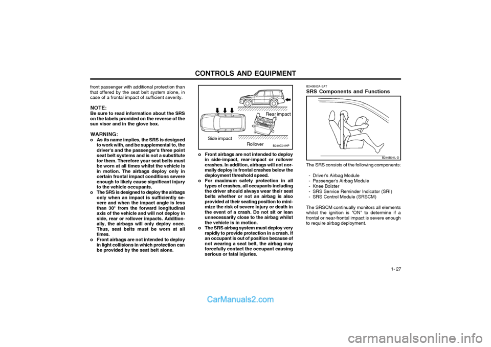 Hyundai Terracan 2004 Owners Guide CONTROLS AND EQUIPMENT1- 27
B240B02A-EAT SRS Components and Functions
B240B01L-D
The SRS consists of the following components:
- Drivers Airbag Module 
- Passengers Airbag Module 
- Knee Bolster
- S