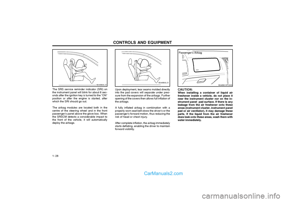 Hyundai Terracan 2004 Owners Manual CONTROLS AND EQUIPMENT
1- 28
Upon deployment, tear seams molded directly into the pad covers will separate under pres-sure from the expansion of the airbags. Furtheropening of the covers then allows f Hyundai Terracan 2004 Owners Manual CONTROLS AND EQUIPMENT
1- 28
Upon deployment, tear seams molded directly into the pad covers will separate under pres-sure from the expansion of the airbags. Furtheropening of the covers then allows f