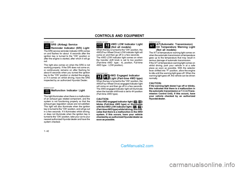 Hyundai Terracan 2004 Owners Manual CONTROLS AND EQUIPMENT
1- 42 B260T02HP-EAT
4WD Engaged Indicator
Light (Part-time 4WD type)
When the key is turned to the "ON" position, the
4WD(Four Wheel Drive) engaged indicator light will come on Hyundai Terracan 2004 Owners Manual CONTROLS AND EQUIPMENT
1- 42 B260T02HP-EAT
4WD Engaged Indicator
Light (Part-time 4WD type)
When the key is turned to the "ON" position, the
4WD(Four Wheel Drive) engaged indicator light will come on
