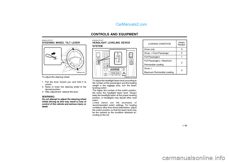 Hyundai Terracan 2004 Owners Manual CONTROLS AND EQUIPMENT1- 65
To adjust the steering wheel:
1. Pull the lever toward you and hold it to unlock.
2. Raise or lower the steering wheel to the desired position.
3. After adjustment, release Hyundai Terracan 2004 Owners Manual CONTROLS AND EQUIPMENT1- 65
To adjust the steering wheel:
1. Pull the lever toward you and hold it to unlock.
2. Raise or lower the steering wheel to the desired position.
3. After adjustment, release