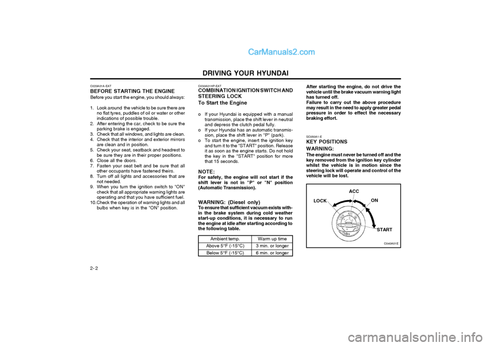 Hyundai Terracan 2004 Owners Manual DRIVING YOUR HYUNDAI
2- 2 C020A01A-EAT
BEFORE STARTING THE ENGINE
Before you start the engine, you should always:
1. Look around the vehicle to be sure there are no flat tyres, puddles of oil or wate Hyundai Terracan 2004 Owners Manual DRIVING YOUR HYUNDAI
2- 2 C020A01A-EAT
BEFORE STARTING THE ENGINE
Before you start the engine, you should always:
1. Look around the vehicle to be sure there are no flat tyres, puddles of oil or wate