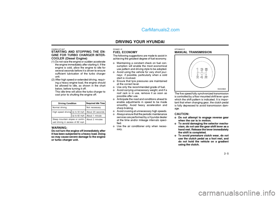 Hyundai Terracan 2004 Owners Manual DRIVING YOUR HYUNDAI 2- 5
DC090C1-E
FUEL ECONOMY
The following suggestions are made to assist in
achieving the greatest degree of fuel economy.
o Maintaining a constant check on fuel con- sumption wi Hyundai Terracan 2004 Owners Manual DRIVING YOUR HYUNDAI 2- 5
DC090C1-E
FUEL ECONOMY
The following suggestions are made to assist in
achieving the greatest degree of fuel economy.
o Maintaining a constant check on fuel con- sumption wi