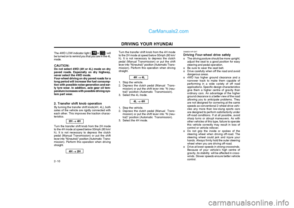 Hyundai Terracan 2004 Owners Manual DRIVING YOUR HYUNDAI
2- 10
2. Transfer shift knob operation By turning the transfer shift knob(4H, 4L), both
axles of the vehicle are rigidly connected with each other. This improves the traction char Hyundai Terracan 2004 Owners Manual DRIVING YOUR HYUNDAI
2- 10
2. Transfer shift knob operation By turning the transfer shift knob(4H, 4L), both
axles of the vehicle are rigidly connected with each other. This improves the traction char