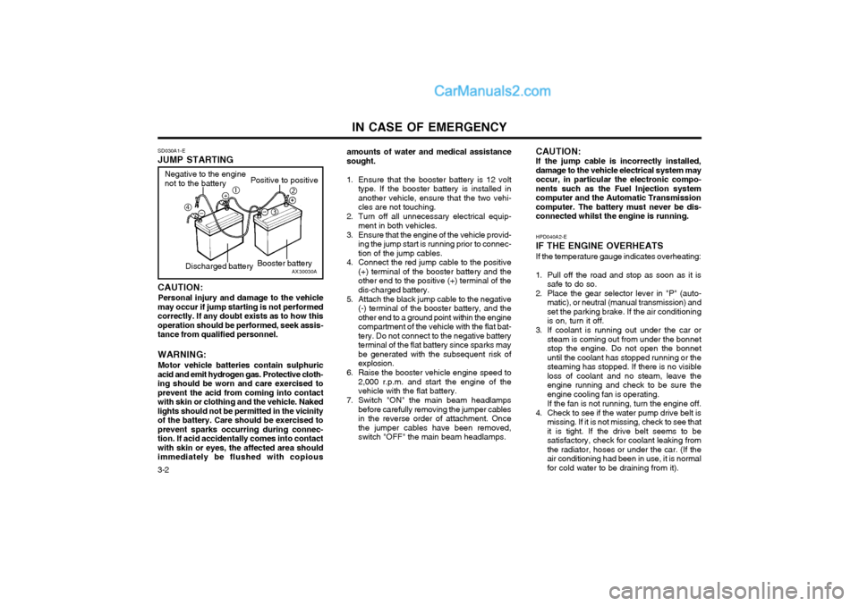 Hyundai Terracan 2004 Owners Manual IN CASE OF EMERGENCY
3-2
CAUTION:
Personal injury and damage to the vehicle
may occur if jump starting is not performed correctly. If any doubt exists as to how thisoperation should be performed, seek Hyundai Terracan 2004 Owners Manual IN CASE OF EMERGENCY
3-2
CAUTION:
Personal injury and damage to the vehicle
may occur if jump starting is not performed correctly. If any doubt exists as to how thisoperation should be performed, seek