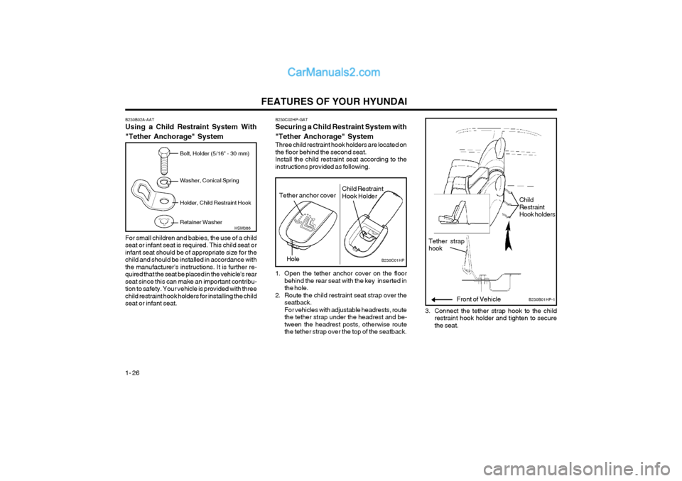 Hyundai Terracan 2004  Owners Manual FEATURES OF YOUR HYUNDAI
1- 26 Bolt, Holder (5/16" - 30 mm) Washer, Conical Spring Holder, Child Restraint Hook Retainer Washer
HSM386
B230B02A-AAT Using a Child Restraint System With "Tether Anchorag