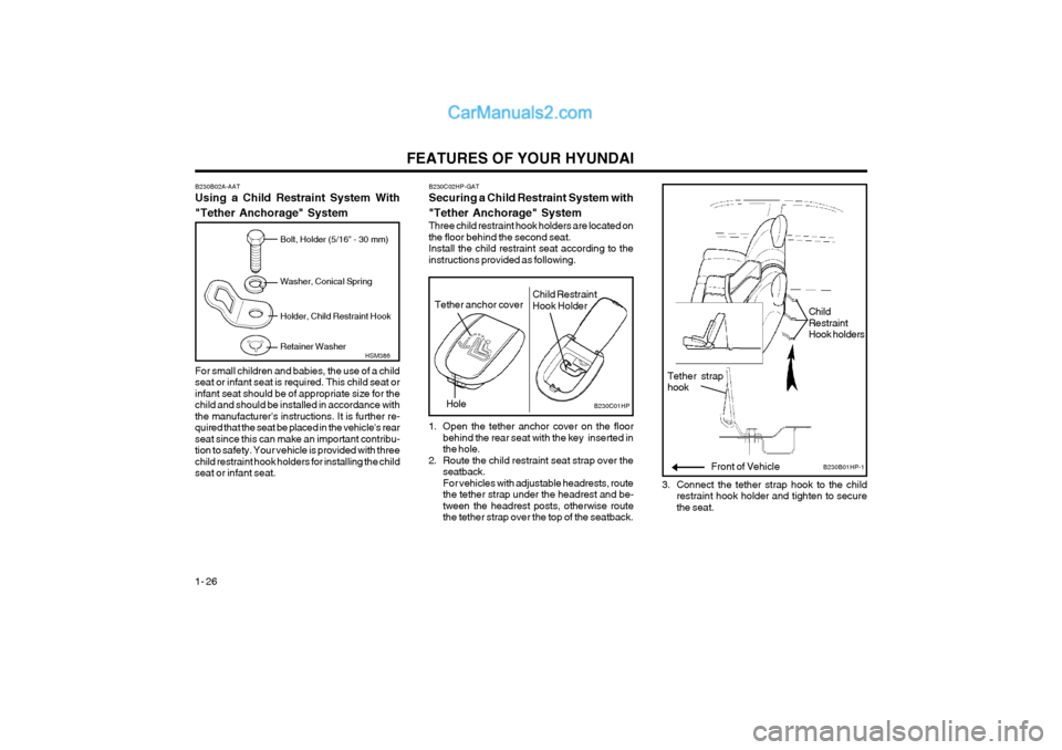 Hyundai Terracan 2004 Owners Guide FEATURES OF YOUR HYUNDAI
1- 26 Bolt, Holder (5/16" - 30 mm) Washer, Conical Spring Holder, Child Restraint Hook Retainer Washer
HSM386
B230B02A-AAT Using a Child Restraint System With "Tether Anchorag Hyundai Terracan 2004 Owners Guide FEATURES OF YOUR HYUNDAI
1- 26 Bolt, Holder (5/16" - 30 mm) Washer, Conical Spring Holder, Child Restraint Hook Retainer Washer
HSM386
B230B02A-AAT Using a Child Restraint System With "Tether Anchorag