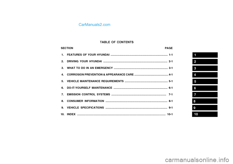 Hyundai Terracan 2004  Owners Manual TABLE OF CONTENTS
SECTION                                                                                                               PAGE
 1. FEATURES OF YOUR HYUNDAI ..............................