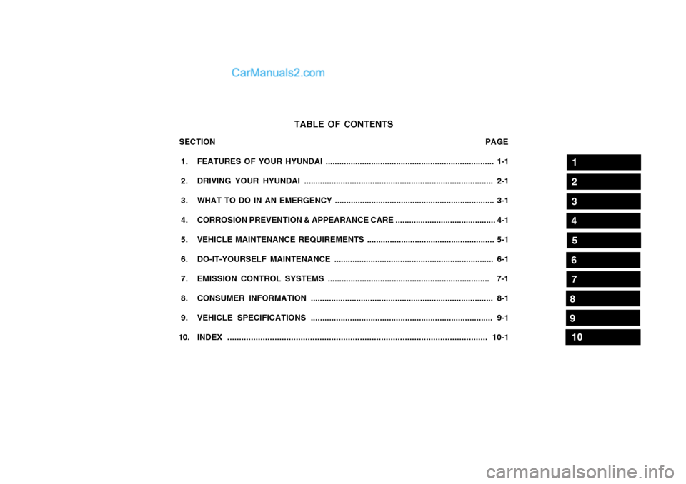 Hyundai Terracan 2004 Owners Manual TABLE OF CONTENTS
SECTION PAGE
1. FEATURES OF YOUR HYUNDAI .............................. Hyundai Terracan 2004 Owners Manual TABLE OF CONTENTS
SECTION PAGE
1. FEATURES OF YOUR HYUNDAI ..............................