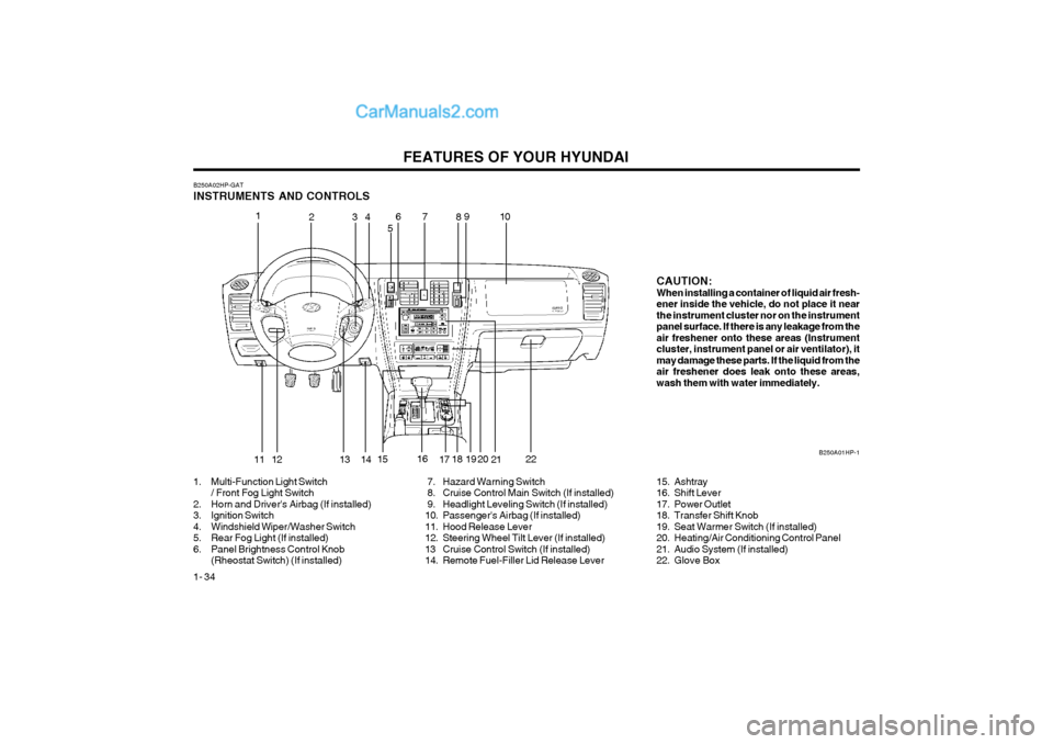 Hyundai Terracan 2004 Service Manual FEATURES OF YOUR HYUNDAI
1- 34
8
B250A02HP-GAT INSTRUMENTS AND CONTROLS
1. Multi-Function Light Switch
/ Front Fog Light Switch
2. Horn and Drivers Airbag (If installed)
3. Ignition Switch
4. Winds Hyundai Terracan 2004 Service Manual FEATURES OF YOUR HYUNDAI
1- 34
8
B250A02HP-GAT INSTRUMENTS AND CONTROLS
1. Multi-Function Light Switch
/ Front Fog Light Switch
2. Horn and Drivers Airbag (If installed)
3. Ignition Switch
4. Winds