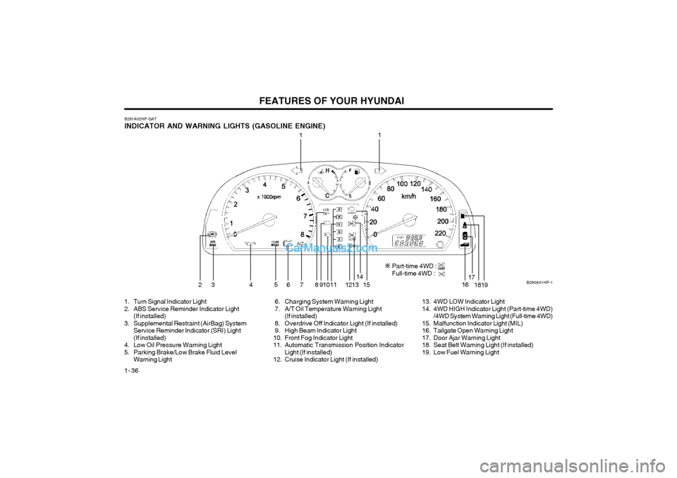 Hyundai Terracan 2004 User Guide FEATURES OF YOUR HYUNDAI
1- 36
B261A02HP-GAT INDICATOR AND WARNING LIGHTS (GASOLINE ENGINE) B260A01HP-1
11
23 4 5
6 7 8 910 11 1213 14
15 1617
18
19
1. Turn Signal Indicator Light 
2. ABS Service Remi