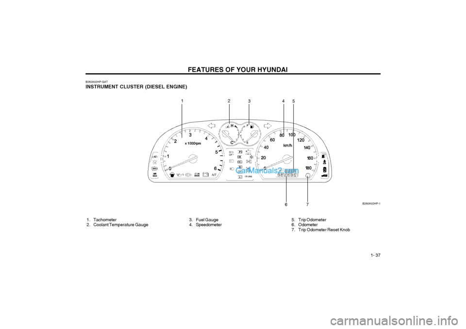 Hyundai Terracan 2004 Service Manual FEATURES OF YOUR HYUNDAI 1- 37
B260A02HP-1
B262A02HP-GAT INSTRUMENT CLUSTER (DIESEL ENGINE)
1. Tachometer
2. Coolant Temperature Gauge
3. Fuel Gauge
4. Speedometer
1
2
3 4
5
6
7
5. Trip Odome Hyundai Terracan 2004 Service Manual FEATURES OF YOUR HYUNDAI 1- 37
B260A02HP-1
B262A02HP-GAT INSTRUMENT CLUSTER (DIESEL ENGINE)
1. Tachometer
2. Coolant Temperature Gauge
3. Fuel Gauge
4. Speedometer
1
2
3 4
5
6
7
5. Trip Odome