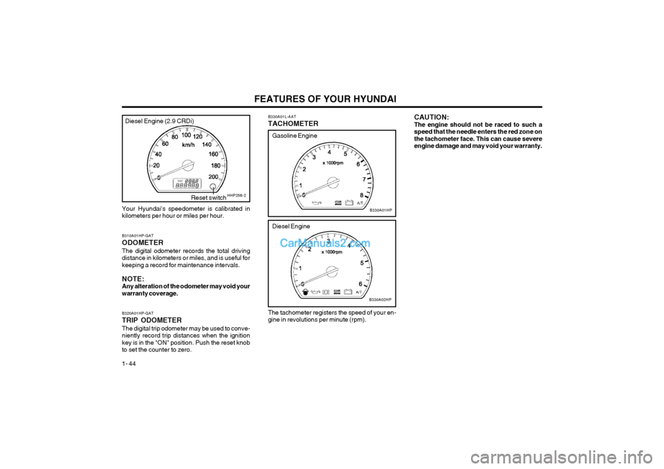 Hyundai Terracan 2004  Owners Manual FEATURES OF YOUR HYUNDAI
1- 44
B330A01HP
Gasoline Engine
B310A01HP-GAT ODOMETER The digital odometer records the total driving distance in kilometers or miles, and is useful forkeeping a record for ma