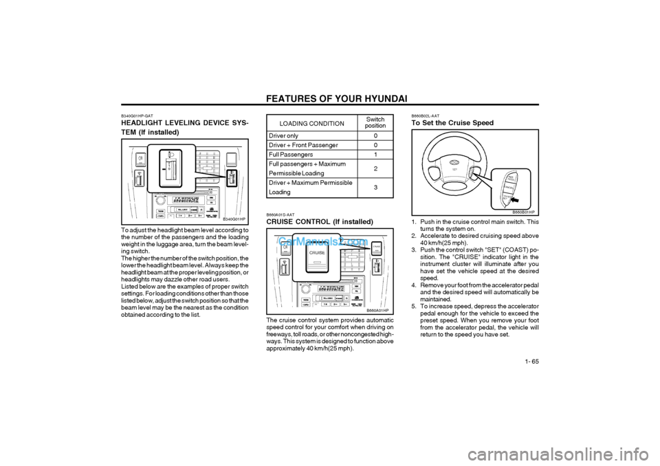 Hyundai Terracan 2004 Manual PDF FEATURES OF YOUR HYUNDAI 1- 65
Driver only
Driver + Front PassengerFull PassengersFull passengers + MaximumPermissible Loading
Driver + Maximum Permissible
Loading0 01 2 3
LOADING CONDITIONSwitch
po Hyundai Terracan 2004 Manual PDF FEATURES OF YOUR HYUNDAI 1- 65
Driver only
Driver + Front PassengerFull PassengersFull passengers + MaximumPermissible Loading
Driver + Maximum Permissible
Loading0 01 2 3
LOADING CONDITIONSwitch
po