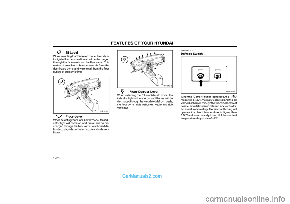 Hyundai Terracan 2004 Manual Online FEATURES OF YOUR HYUNDAI
1- 78 B980F01O-GAT Defrost Switch When the "Defrost" button is pressed, the " " mode will be automatically selected and the airwill be discharged through the windsh Hyundai Terracan 2004 Manual Online FEATURES OF YOUR HYUNDAI
1- 78 B980F01O-GAT Defrost Switch When the "Defrost" button is pressed, the " " mode will be automatically selected and the airwill be discharged through the windsh