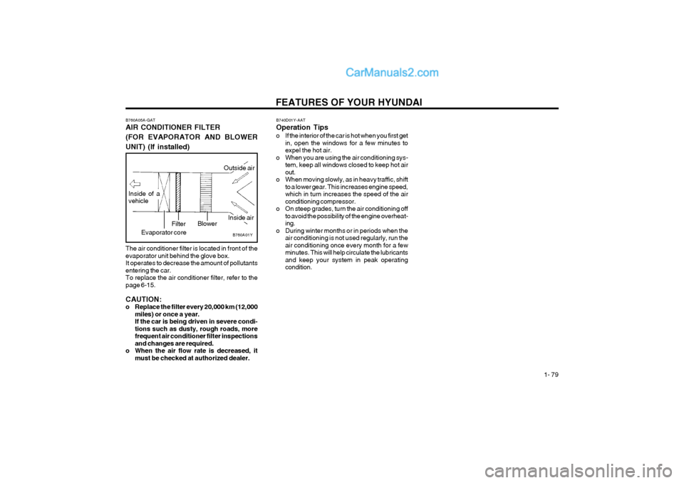 Hyundai Terracan 2004  Owners Manual FEATURES OF YOUR HYUNDAI  1- 79
B740D01Y-AAT Operation Tips
o If the interior of the car is hot when you first get
in, open the windows for a few minutes to expel the hot air.
o When you are using the