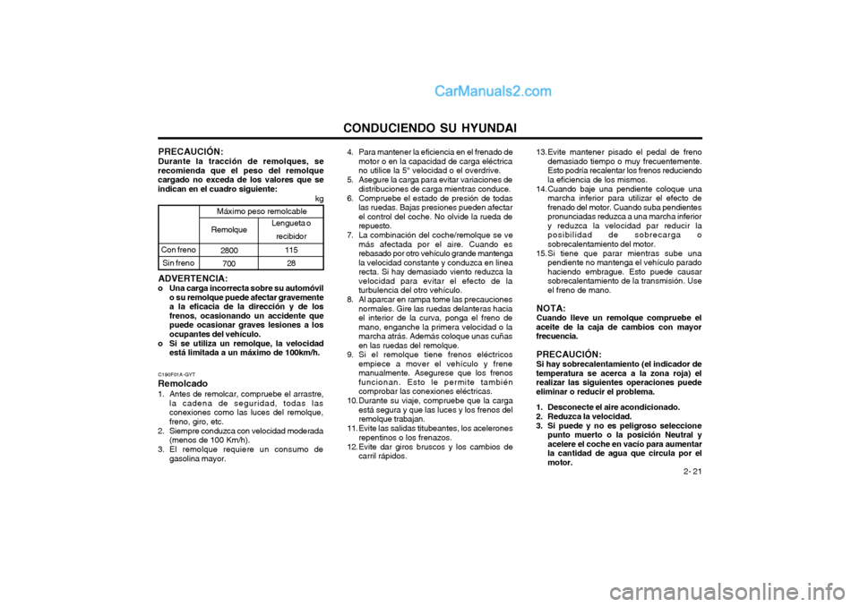 Hyundai Terracan 2004 Manual del propietario (in Spanish) CONDUCIENDO SU HYUNDAI 2- 21
ADVERTENCIA:
o Una carga incorrecta sobre su automóvil o su remolque puede afectar gravemente a la eficacia de la dirección y de losfrenos, ocasionando un accidente quep Hyundai Terracan 2004 Manual del propietario (in Spanish) CONDUCIENDO SU HYUNDAI 2- 21
ADVERTENCIA:
o Una carga incorrecta sobre su automóvil o su remolque puede afectar gravemente a la eficacia de la dirección y de losfrenos, ocasionando un accidente quep