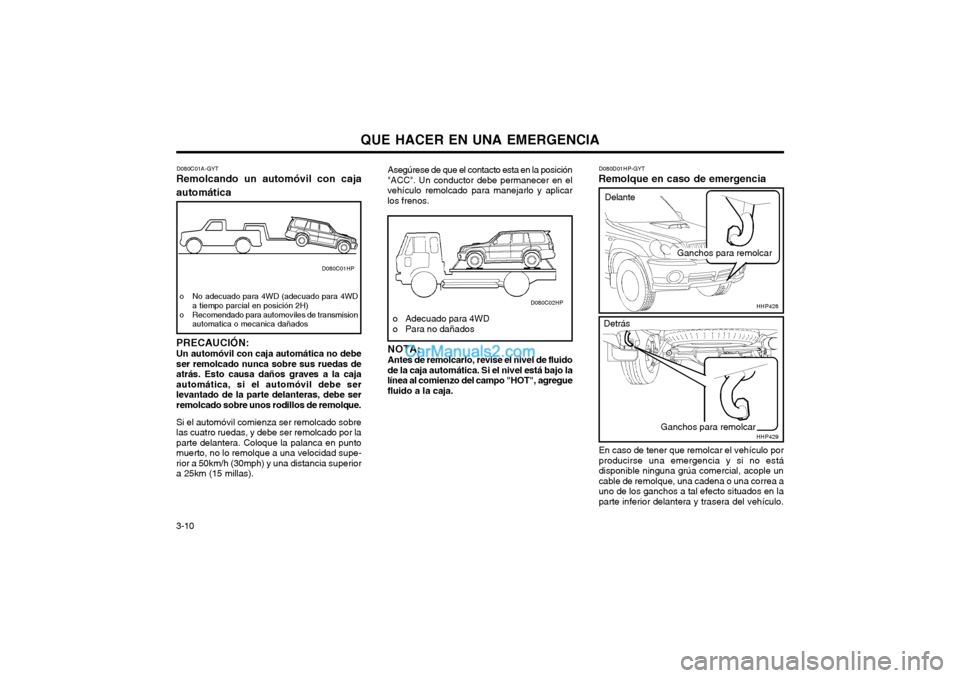 Hyundai Terracan 2004 Manual del propietario (in Spanish) QUE HACER EN UNA EMERGENCIA
3-10 D080D01HP-GYT
Remolque en caso de emergencia
En caso de tener que remolcar el vehículo por producirse una emergencia y si no estádisponible ninguna grúa comercial, Hyundai Terracan 2004 Manual del propietario (in Spanish) QUE HACER EN UNA EMERGENCIA
3-10 D080D01HP-GYT
Remolque en caso de emergencia
En caso de tener que remolcar el vehículo por producirse una emergencia y si no estádisponible ninguna grúa comercial,
