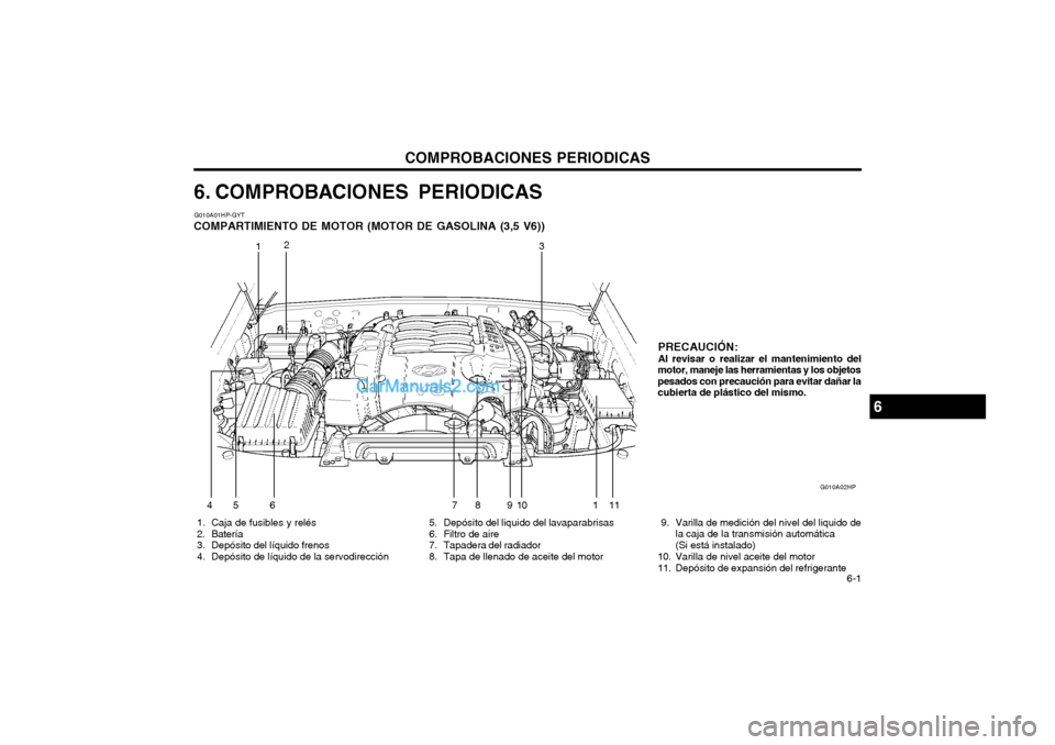Hyundai Terracan 2004  Manual del propietario (in Spanish) COMPROBACIONES PERIODICAS  6-1
6. COMPROBACIONES PERIODICAS
 1. Caja de fusibles y relés 
 2. Batería 
  3. Depósito del líquido frenos 
 4. Depósito de líquido de la servodirección   5. Depós
