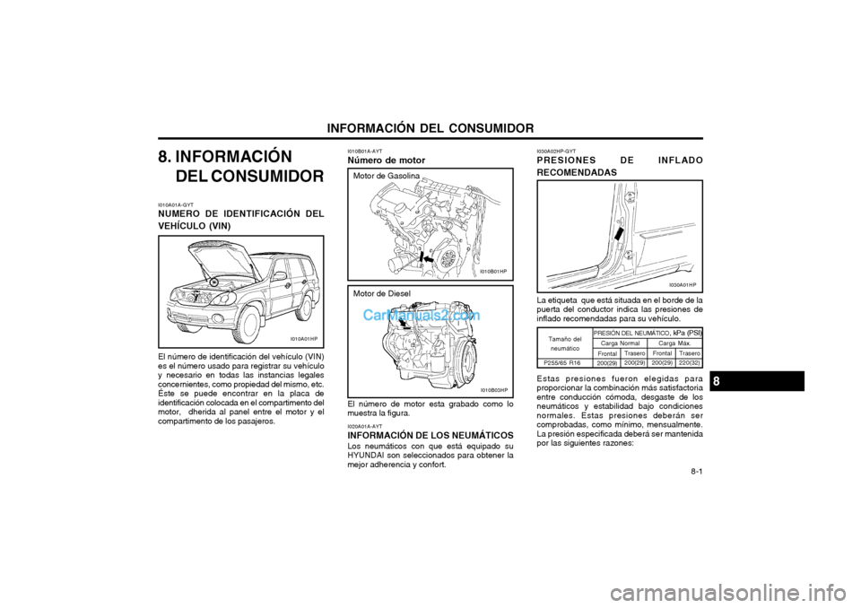 Hyundai Terracan 2004  Manual del propietario (in Spanish) INFORMACIÓN DEL CONSUMIDOR 8-1
I010B01A-AYT Número de motor
8. INFORMACIÓN
DEL CONSUMIDOR
El número de motor esta grabado como lo muestra la figura. I020A01A-AYT INFORMACIÓN DE LOS NEUMÁTICOS Lo