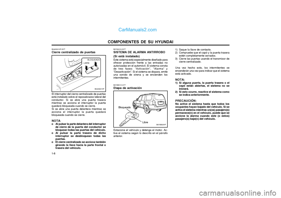 Hyundai Terracan 2004  Manual del propietario (in Spanish) COMPONENTES DE SU HYUNDAI
1-8 B040G01HP-GYT Cierre centralizado de puertas El interruptor del cierre centralizado de puertas
está instalado sobre el reposabrazos lateral del conductor. Si se abre una