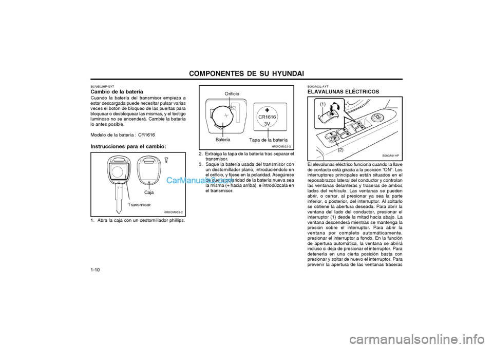 Hyundai Terracan 2004 Manual del propietario (in Spanish) COMPONENTES DE SU HYUNDAI
1-10 B060A03L-AYT ELAVALUNAS ELÉCTRICOS El elevalunas eléctrico funciona cuando la llave
de contacto está girada a la posición "ON". Los
interruptores principales están Hyundai Terracan 2004 Manual del propietario (in Spanish) COMPONENTES DE SU HYUNDAI
1-10 B060A03L-AYT ELAVALUNAS ELÉCTRICOS El elevalunas eléctrico funciona cuando la llave
de contacto está girada a la posición "ON". Los
interruptores principales están