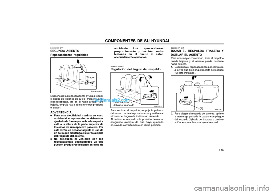 Hyundai Terracan 2004  Manual del propietario (in Spanish) COMPONENTES DE SU HYUNDAI  1-15
B090A01HP-GYT SEGUNDO ASIENTO Reposacabezas regulables El diseño de los reposacabezas ayuda a reducir el riesgo de lesiones de cuello. Para elevar elreposacabezas, tir