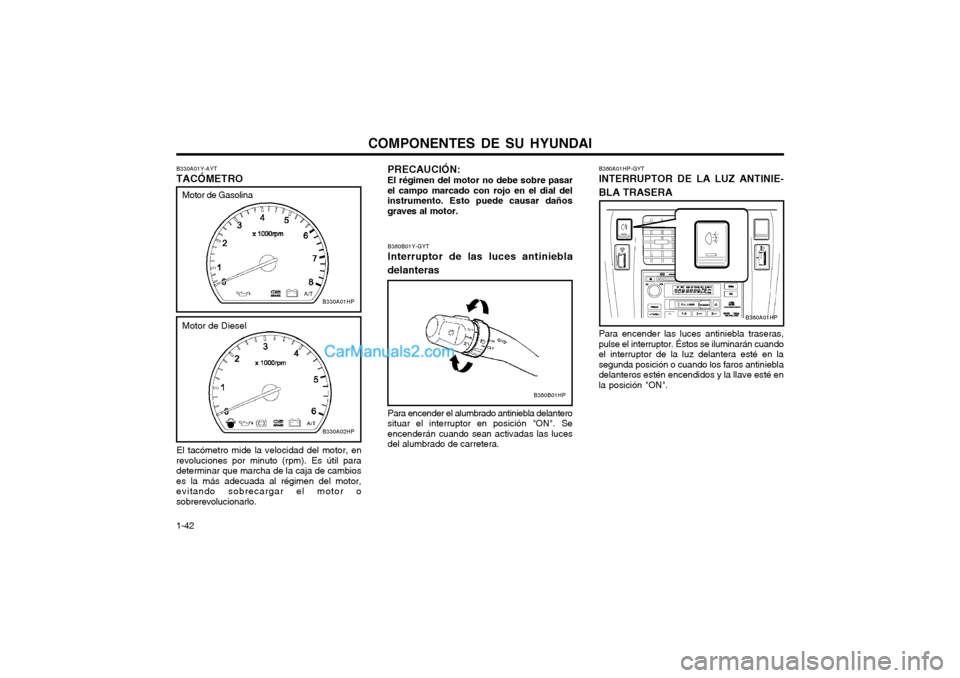 Hyundai Terracan 2004  Manual del propietario (in Spanish) COMPONENTES DE SU HYUNDAI
1-42 B360B01Y-GYT Interruptor de las luces antiniebla delanteras Para encender el alumbrado antiniebla delantero situar el interruptor en posición "ON". Seencenderán cuando