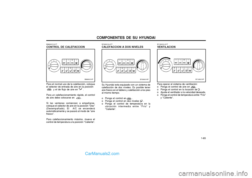 Hyundai Terracan 2004 Manual del propietario (in Spanish) COMPONENTES DE SU HYUNDAI 1-65
B710A01A-AYT VENTILACION Para operar el sistema de ventilación:
o Ponga el control de aire en .
o Ponga el control en la locación de .
o Ajuste el ventilado Hyundai Terracan 2004 Manual del propietario (in Spanish) COMPONENTES DE SU HYUNDAI 1-65
B710A01A-AYT VENTILACION Para operar el sistema de ventilación:
o Ponga el control de aire en .
o Ponga el control en la locación de .
o Ajuste el ventilado
