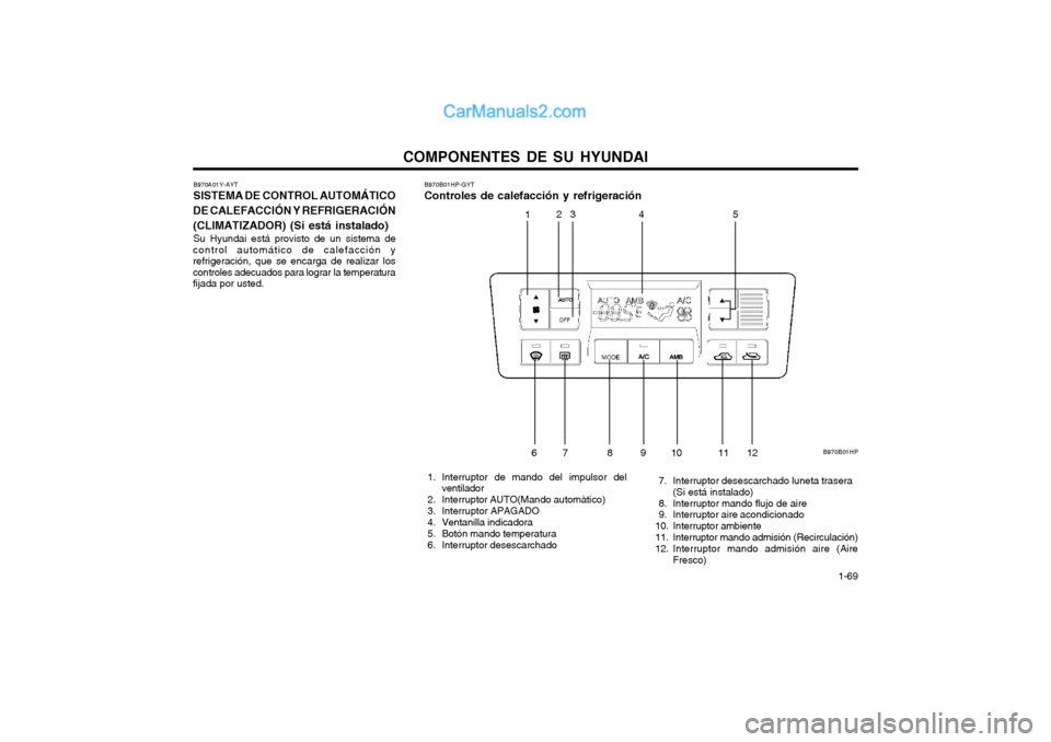 Hyundai Terracan 2004 Manual del propietario (in Spanish) COMPONENTES DE SU HYUNDAI 1-69
B970A01Y-AYT SISTEMA DE CONTROL AUTOMÁTICO
DE CALEFACCIÓN Y REFRIGERACIÓN (CLIMATIZADOR) (Si está instalado) Su Hyundai está provisto de un sistema de
control auto Hyundai Terracan 2004 Manual del propietario (in Spanish) COMPONENTES DE SU HYUNDAI 1-69
B970A01Y-AYT SISTEMA DE CONTROL AUTOMÁTICO
DE CALEFACCIÓN Y REFRIGERACIÓN (CLIMATIZADOR) (Si está instalado) Su Hyundai está provisto de un sistema de
control auto