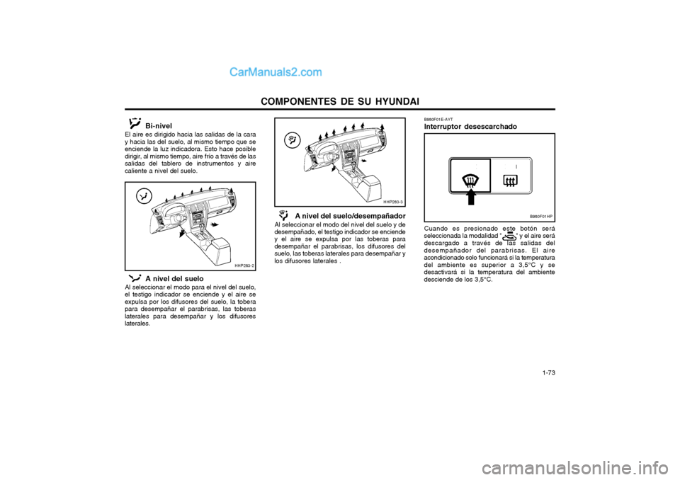 Hyundai Terracan 2004 Manual del propietario (in Spanish) COMPONENTES DE SU HYUNDAI 1-73
B980F01E-AYT Interruptor desescarchado Cuando es presionado este botón será
seleccionada la modalidad " " y el aire será
descargado a través de las salidas Hyundai Terracan 2004 Manual del propietario (in Spanish) COMPONENTES DE SU HYUNDAI 1-73
B980F01E-AYT Interruptor desescarchado Cuando es presionado este botón será
seleccionada la modalidad " " y el aire será
descargado a través de las salidas