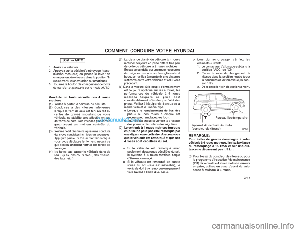 Hyundai Terracan 2004  Manuel du propriétaire (in French) COMMENT CONDUIRE VOTRE HYUNDAI  2-13
Conduite en toute sécurité des 4 roues motrices 
(1) Veillez à porter la ceinture de sécurité.
(2) Conduisez à des vitesses inférieures
lorsque le vent de c