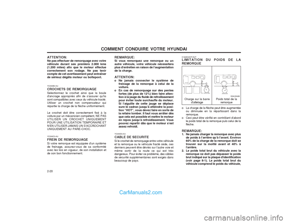 Hyundai Terracan 2004 Manuel du propriétaire (in French) COMMENT CONDUIRE VOTRE HYUNDAI
2-20 C190E02HP-EUT LIMITATION DU POIDS DE LA REMORQUE
Poids total de la
remorque
Charge sur la barre
dattelageSSA2200B
REMARQUE: Si vous remorquez une remorque ou unaut Hyundai Terracan 2004 Manuel du propriétaire (in French) COMMENT CONDUIRE VOTRE HYUNDAI
2-20 C190E02HP-EUT LIMITATION DU POIDS DE LA REMORQUE
Poids total de la
remorque
Charge sur la barre
dattelageSSA2200B
REMARQUE: Si vous remorquez une remorque ou unaut