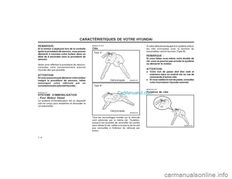 Hyundai Terracan 2004 Manuel du propriétaire (in French) CARACTÉRISTIQUES DE VOTRE HYUNDAI
1- 4
REMARQUE: Si le moteur sasphyxie lors de la conduiteaprès la procédure de secours, vous pouvez démarrer à nouveau votre moteur dans un délai de 8 secondes Hyundai Terracan 2004 Manuel du propriétaire (in French) CARACTÉRISTIQUES DE VOTRE HYUNDAI
1- 4
REMARQUE: Si le moteur sasphyxie lors de la conduiteaprès la procédure de secours, vous pouvez démarrer à nouveau votre moteur dans un délai de 8 secondes