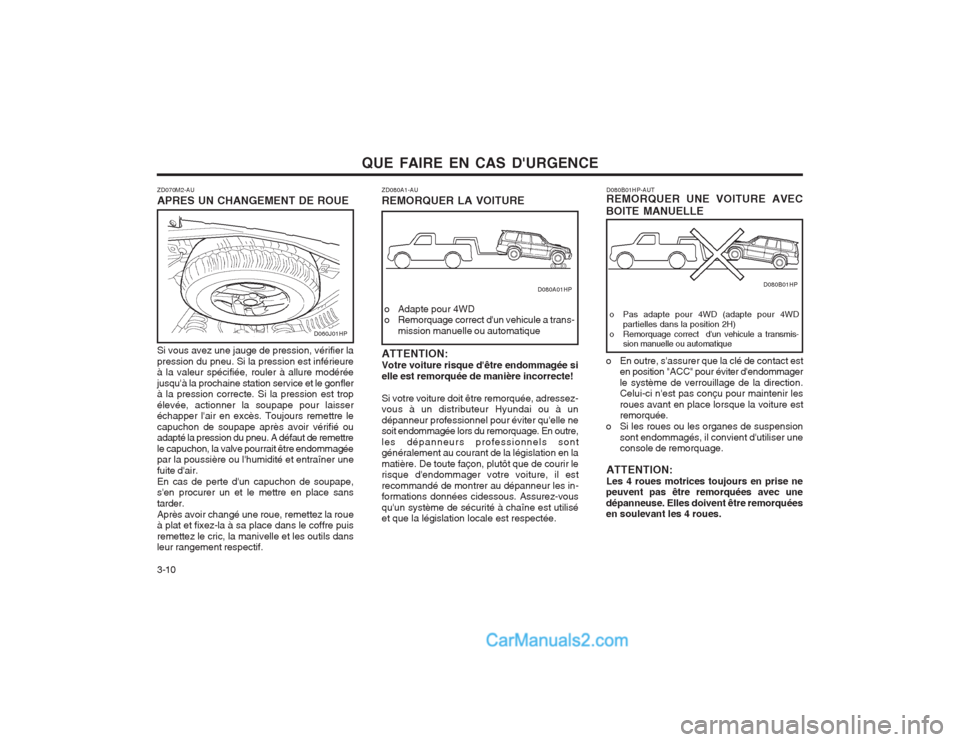 Hyundai Terracan 2004 Manuel du propriétaire (in French) QUE FAIRE EN CAS DURGENCE
3-10 D080B01HP-AUT REMORQUER UNE VOITURE AVEC
BOITE MANUELLE
o Pas adapte pour 4WD (adapte pour 4WD partielles dans la position 2H)
o Remorquage correct dun vehicule a tra Hyundai Terracan 2004 Manuel du propriétaire (in French) QUE FAIRE EN CAS DURGENCE
3-10 D080B01HP-AUT REMORQUER UNE VOITURE AVEC
BOITE MANUELLE
o Pas adapte pour 4WD (adapte pour 4WD partielles dans la position 2H)
o Remorquage correct dun vehicule a tra