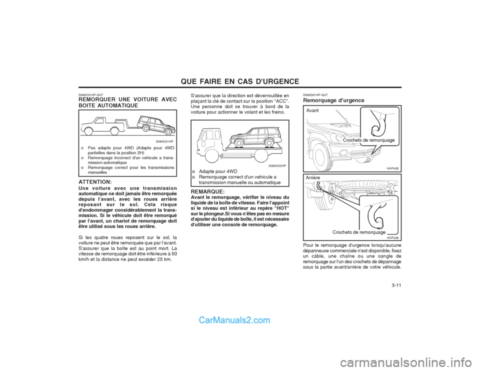 Hyundai Terracan 2004 Manuel du propriétaire (in French) QUE FAIRE EN CAS DURGENCE 3-11
REMARQUE: Avant le remorquage, vérifier le niveau du liquide de la boîte de vitesse. Faire lappoint si le niveau est inférieur au repère "HOT" sur le plongeur.Si Hyundai Terracan 2004 Manuel du propriétaire (in French) QUE FAIRE EN CAS DURGENCE 3-11
REMARQUE: Avant le remorquage, vérifier le niveau du liquide de la boîte de vitesse. Faire lappoint si le niveau est inférieur au repère "HOT" sur le plongeur.Si