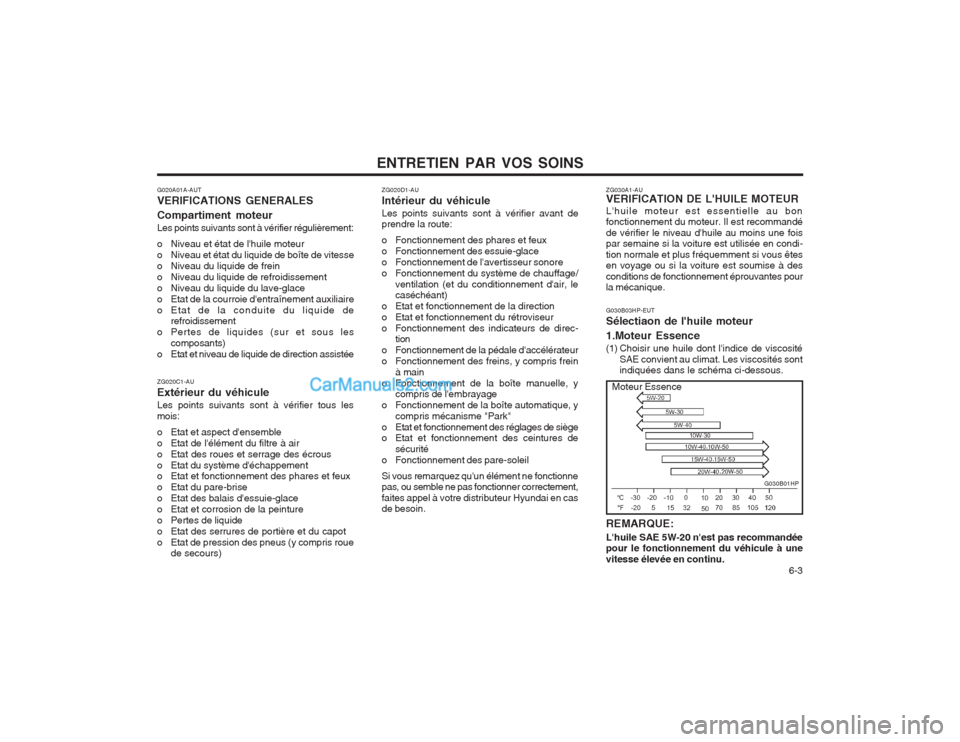 Hyundai Terracan 2004 Manuel du propriétaire (in French) ENTRETIEN PAR VOS SOINS 6-3
G020A01A-AUT VERIFICATIONS GENERALES Compartiment moteur Les points suivants sont à vérifier régulièrement:
o Niveau et état de lhuile moteur
o Niveau et état du Hyundai Terracan 2004 Manuel du propriétaire (in French) ENTRETIEN PAR VOS SOINS 6-3
G020A01A-AUT VERIFICATIONS GENERALES Compartiment moteur Les points suivants sont à vérifier régulièrement:
o Niveau et état de lhuile moteur
o Niveau et état du