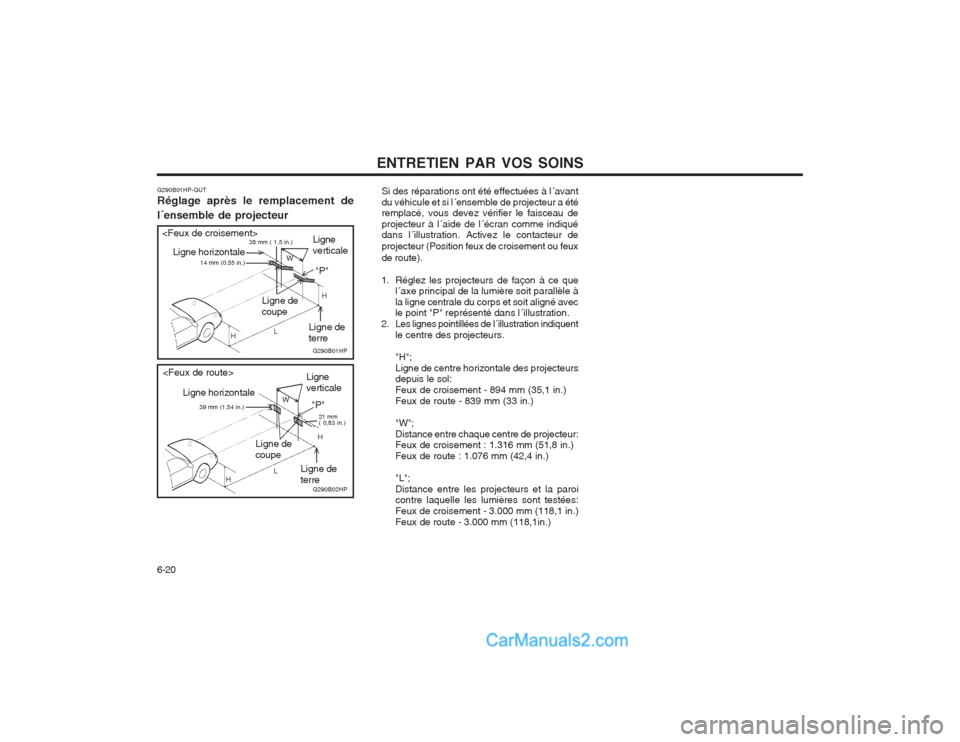 Hyundai Terracan 2004 Manuel du propriétaire (in French) ENTRETIEN PAR VOS SOINS
6-20 Si des réparations ont été effectuées à l´avant du véhicule et si l´ensemble de projecteur a été remplacé, vous devez vérifier le faisceau de projecteur à l´ Hyundai Terracan 2004 Manuel du propriétaire (in French) ENTRETIEN PAR VOS SOINS
6-20 Si des réparations ont été effectuées à l´avant du véhicule et si l´ensemble de projecteur a été remplacé, vous devez vérifier le faisceau de projecteur à l´