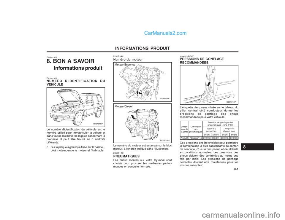Hyundai Terracan 2004 Manuel du propriétaire (in French) INFORMATIONS PRODUIT 8-1
ZI000A1-AU
8. BON A SAVOIRInformations produit
ZI010A1-AU NUMERO DIDENTIFICATION DU VEHICULE Le numéro didentification du véhicule est le numéro utilisé pour immatricu Hyundai Terracan 2004 Manuel du propriétaire (in French) INFORMATIONS PRODUIT 8-1
ZI000A1-AU
8. BON A SAVOIRInformations produit
ZI010A1-AU NUMERO DIDENTIFICATION DU VEHICULE Le numéro didentification du véhicule est le numéro utilisé pour immatricu